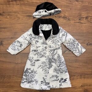 Trish Scully Girls 2T Toile‎ Print Quilted Coat Dress Faux Fur Collar & Hat READ